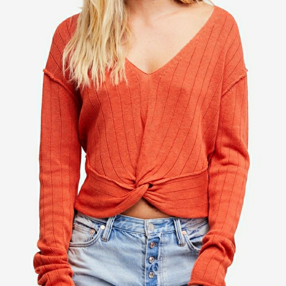 Free People Got Me Twisted V-neck Sweater Top Rusty Orange Size M